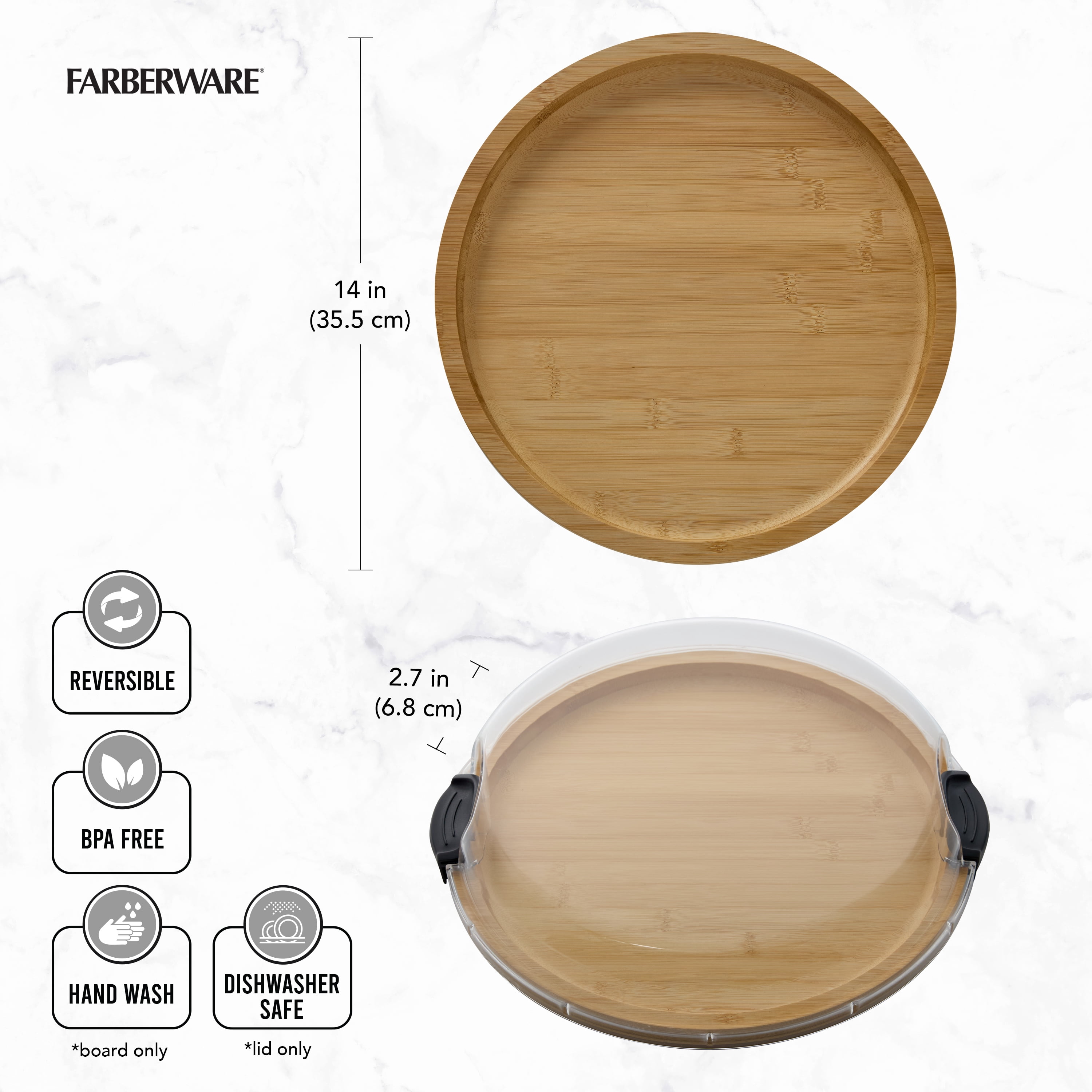 Farberware Build-a-Board 14 in Round Bamboo Charcuterie and Snack Board with Clear Locking Lid