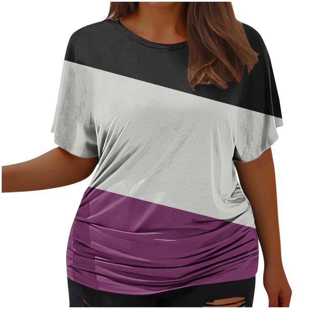 Fiudx Tops para Mujer Camiseta de Manga Corta Grande con Cuello Redondo Plisada y Cintura de Manga Corta Informal a La Moda para Mujer