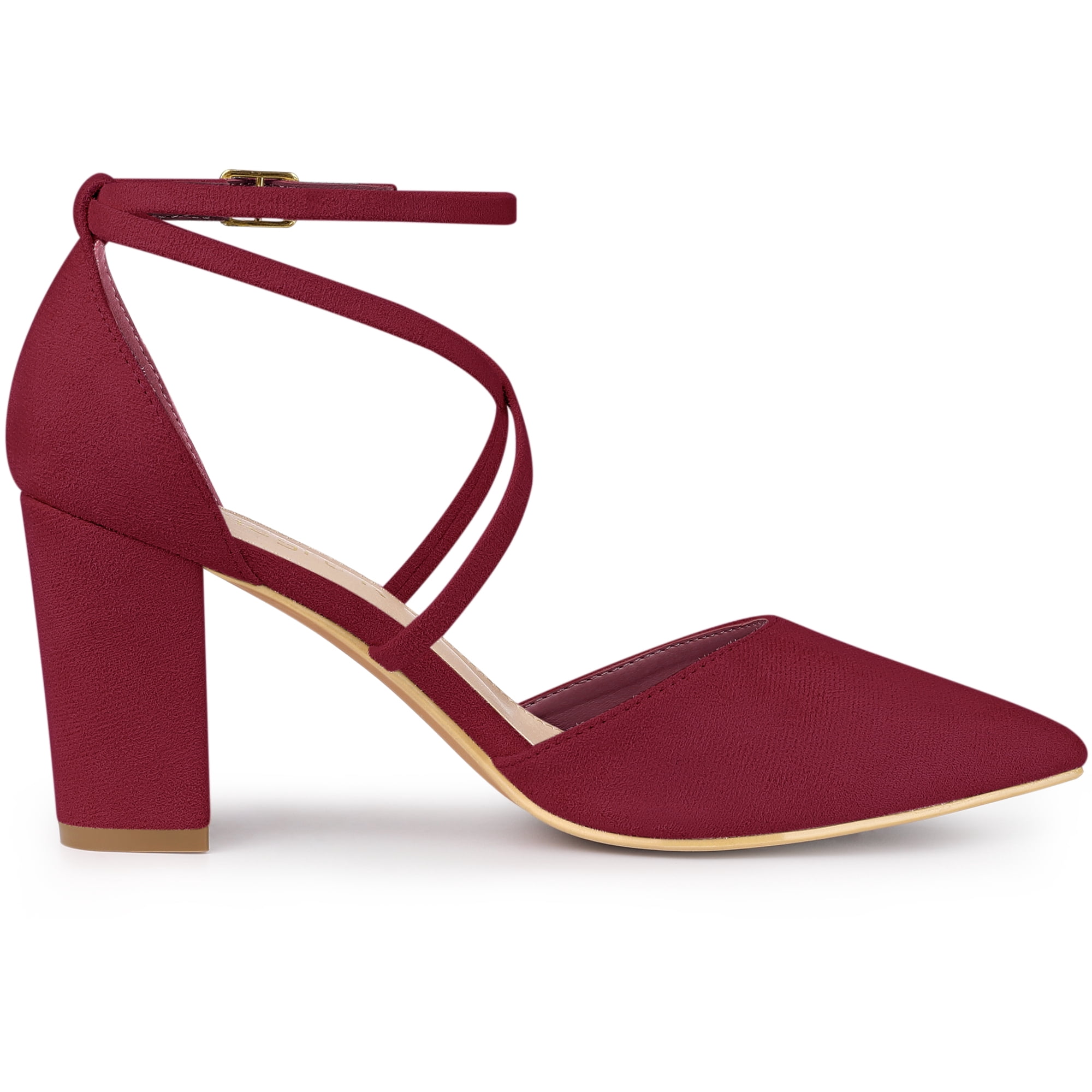 DARING DIVA Women's Pointed Toe Cross Strap Chunky Heels Pumps Shoes Burgundy 8.5