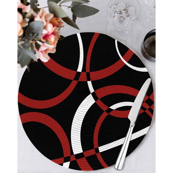 13 Inch Round Placemats Set of 4, Red Geometric Non Slip Heat Insulation PP Table Mats, Vintage Abstract Stripes Aesthetic Art Washable Place Mats for Kitchen Dining Party Table Decor