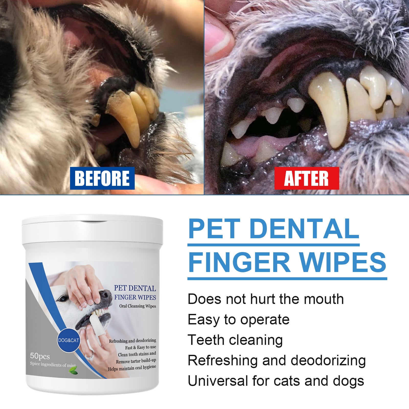 Alvantor Pet Dental Finger Wipes for Dogs Cats, Teeth Cleaning Oral Care Bad Breath Tartar Remover, 50ct