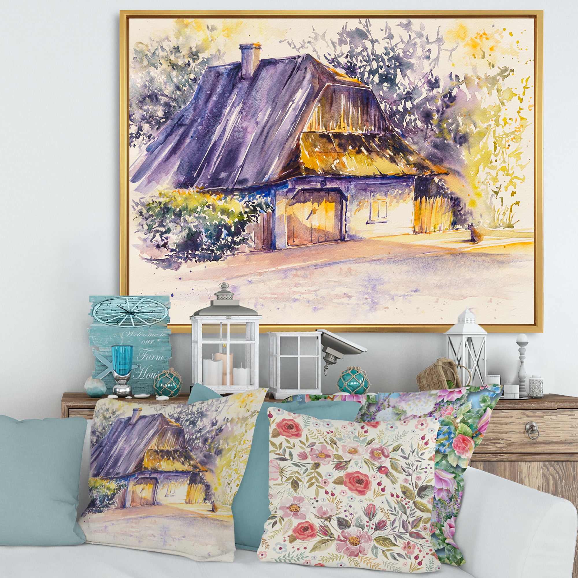 Designart 'Old Wooden White House In Country Side Village During Afternoon Glow' Traditional Framed Canvas Wall Art Print