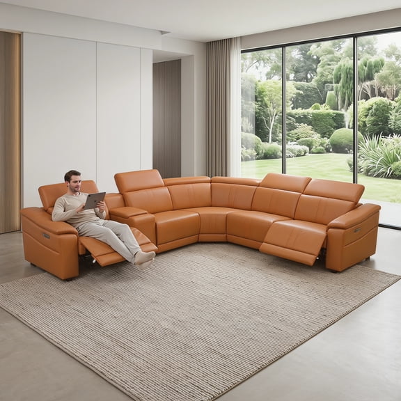 Power Recliner Sectional Sofa, Vibrant Orange Faux Leather L-Shape Couch with Dual Power Recliners, Cup Holders & Storage for Living Room Furniture ,Home