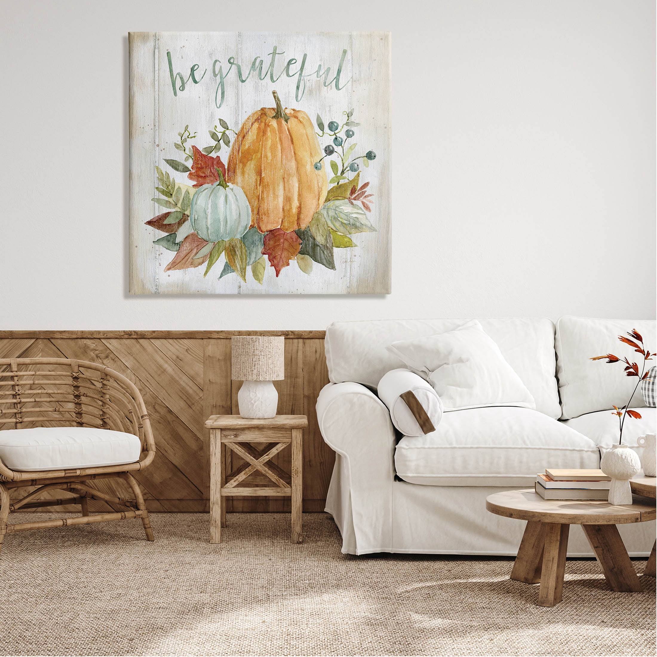 Stupell Industries Be Grateful Autumnal Botanicals Graphic Art Gallery Wrapped Canvas Print Wall Art, Design by Livi Finn