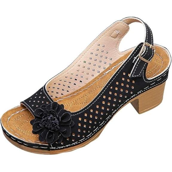 Buckled Square Heel Sandals for Women Dressy, Womens Peep Toe Slingback Low Chunky Heeled Dress Sandals Wedge Shoes