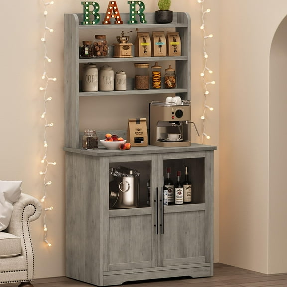 Yeshouse Bakers Rack with Storage and Power Hub - Versatile Microwave Oven Stand with Pantry Hutch and Thick Tabletop