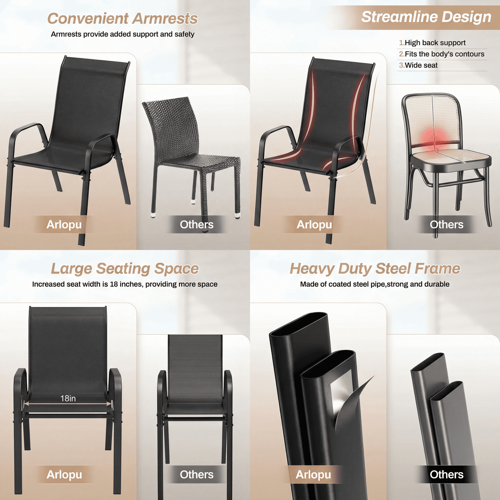 Arlopu Patio Dining Chairs Set of 4, Outdoor Stackable Chairs for Backyard Porch Garden, Black