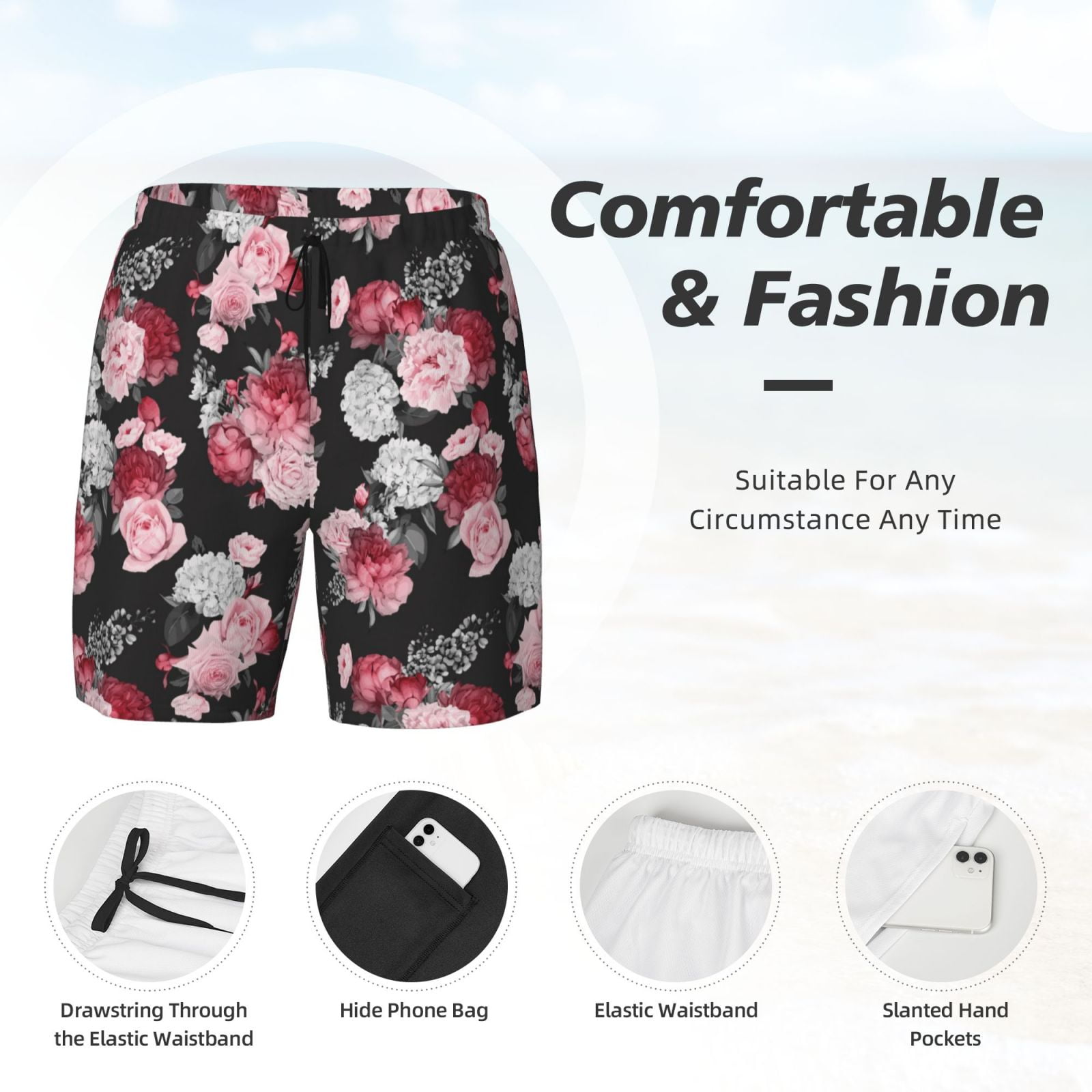 Gukieu Rose Flowers Print Men's Double Layer Sports Swim Trunks, Quick Dry Adjustable Waist Swim Shorts Swimwear-Medium