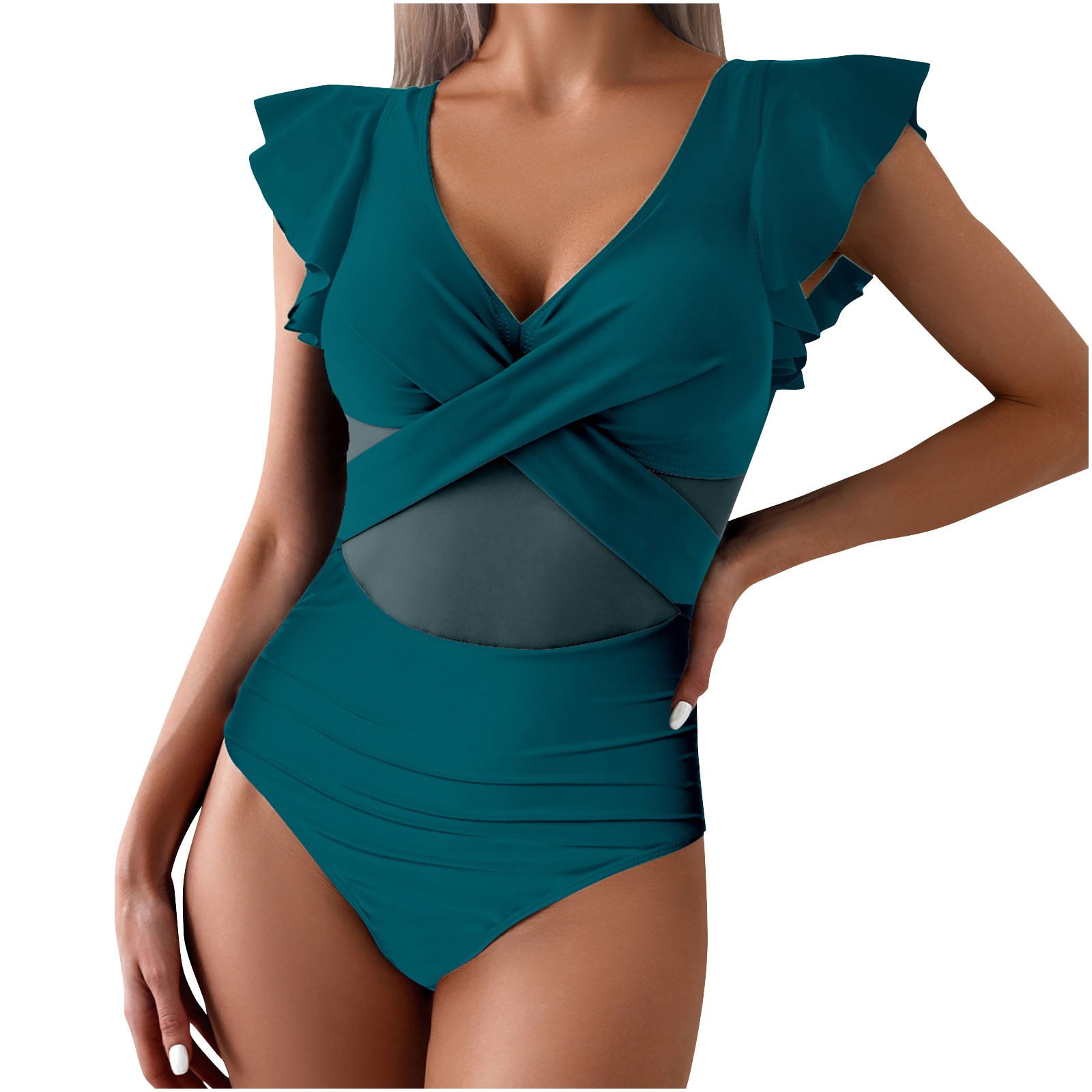 ylioge Womens One-Piece Swimsuits Tankinis V Neck Ruffle Sleeve Bathing Suits Ladies Trendy Color-Block Quick-Dry Athletic Bathing Suits