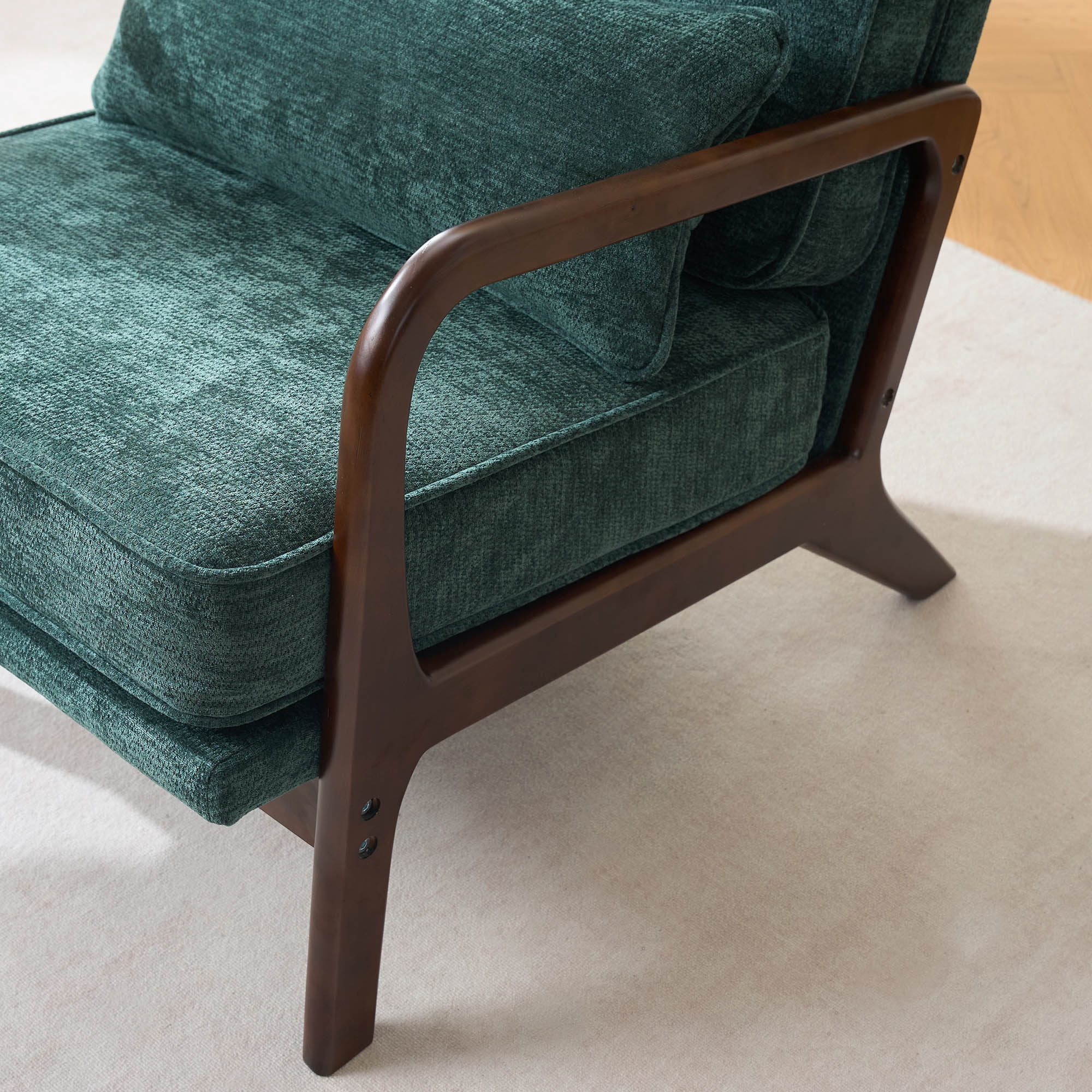 Leumius Modern Accent Chair,Mid-Century Single Upholstered Living Room Chair with Curved Wood Armrests and Lumbar Cushion for Living Room,Bedroom,Dark Green