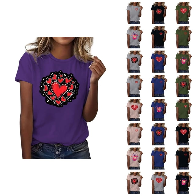 T-shirts de la Saint-Valentin pour Femmes 2026 Mode Manches Courtes Col Rond Cœur Graphique