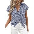 thumbnail image 3 of PRETTYGARDEN Womens Button Down Shirts V Neck Short Cap Sleeve Collared Plaid Tops Summer Spring Casual Blouses Clothes, 3 of 8