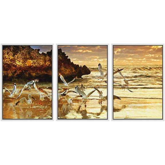 wall26 Framed Canvas Print Wall Art Set Flock of Seagulls on Sunset Beach Shore Nature Wilderness Realism Chic Scenic Relax/Calm Multicolor for Living Room, Bedroom, Office - 24"x36"x3 WHIT