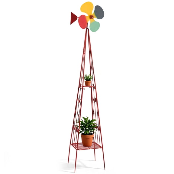 Ktaxon 74.4in Windmill  Display Shelf, Heavy Duty Metal Garden Decor, Red
