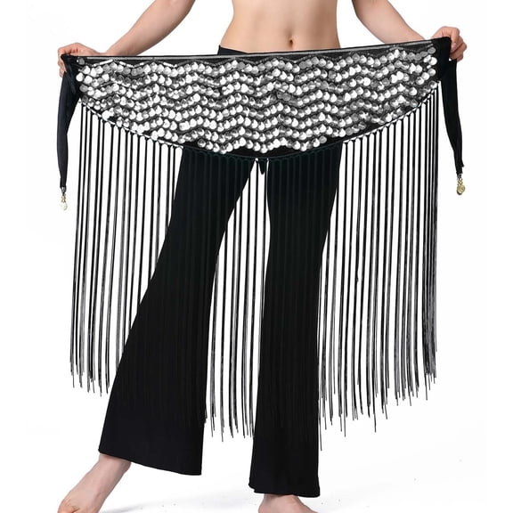 Sequin Long Fringe Skirt Womens Sparkly Glitter Tassel Midi Skirts Rave Outfits Belly Dance Hip Scarf for Women Silver, Free Size
