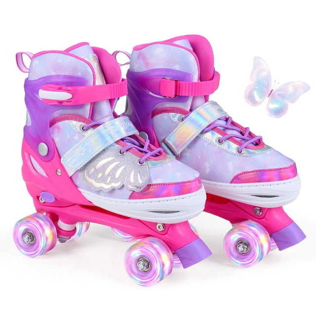 Babyjoy Patins à Roulettes pour Enfants 4 Tailles Réglables Patins Quads avec Roues Lumineuses pour 9-14 Ans Rose