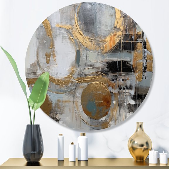 Designart "Radical Simplicity Gold and Grey II" Modern Midcentury Metal Round Wall Decor