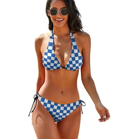 Sdmnsg-T Blue Checkered Womens Two Piece Swimsuit Bikini Halter Brazilian Bottom Triangle Top Bathing Suit