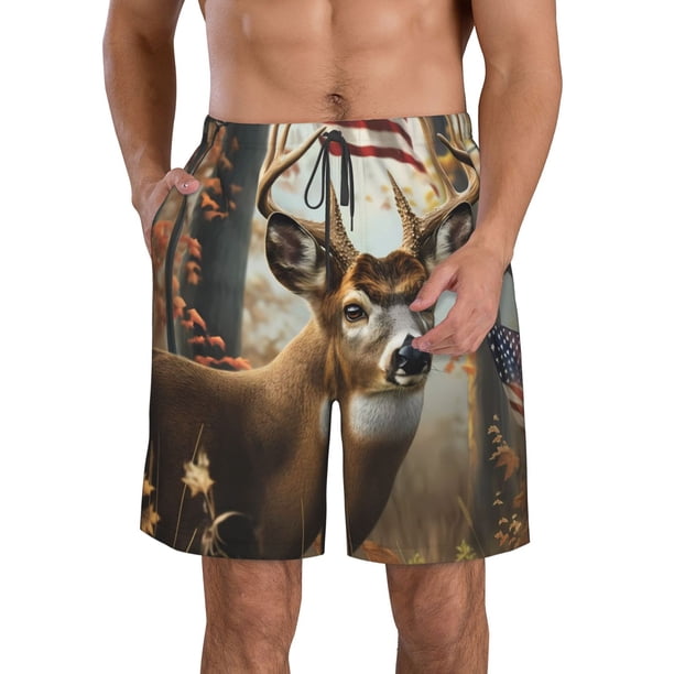 Balery American Wildlife Deer Forest Traje de Baño Estilo Hawaiano para Hombre, Shorts de Secado Rápido con Bolsillos-Medium