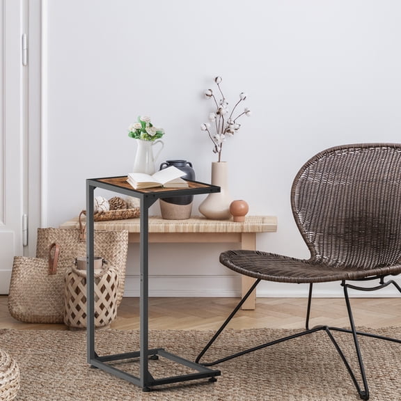 Rustic Brown C‑Shaped Side Table, Industrial C Table for Sofa, Bed, and Small Spaces