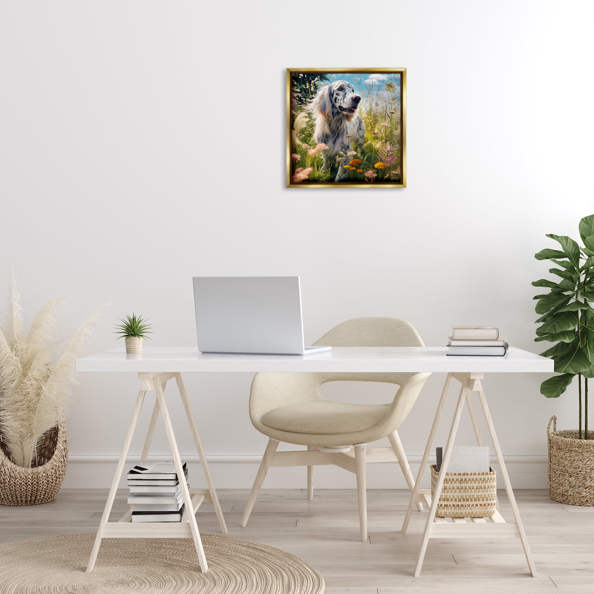 Stupell Industries Happy Dog Among Flowers Landscape Painting Gold Floater Framed Canvas Art Print Wall Art, 18 x 18