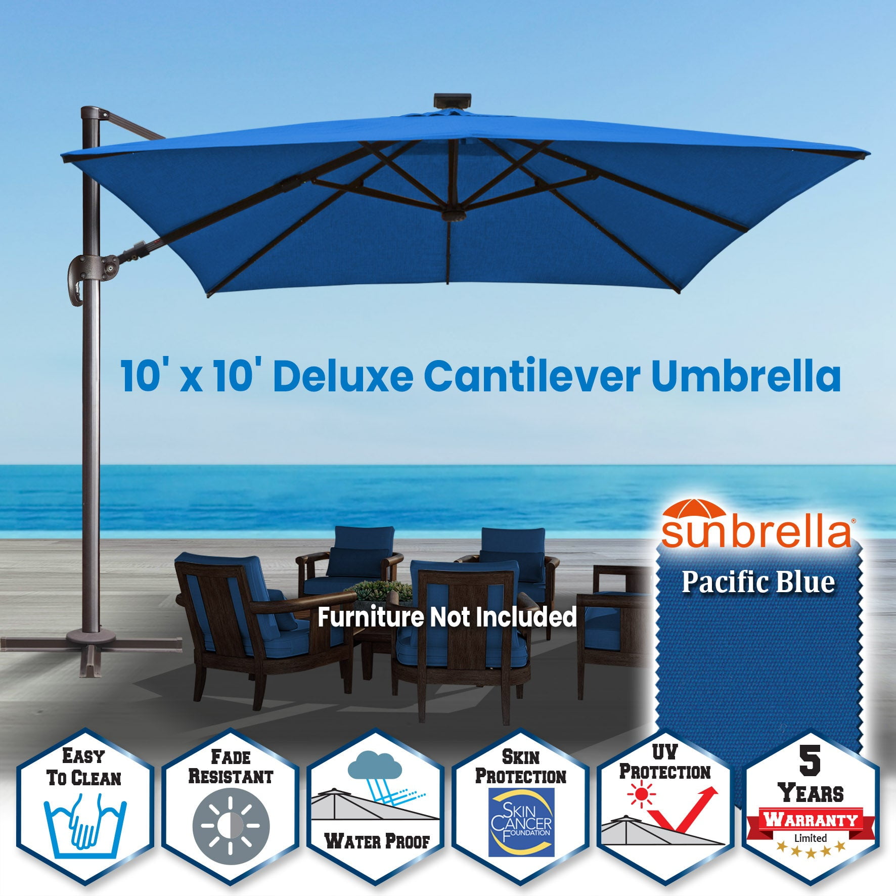 SUNRISEUMBRELLA Square 10'x10' Deluxe Roma square cantilever umbrella, With solar LED light(Blue)