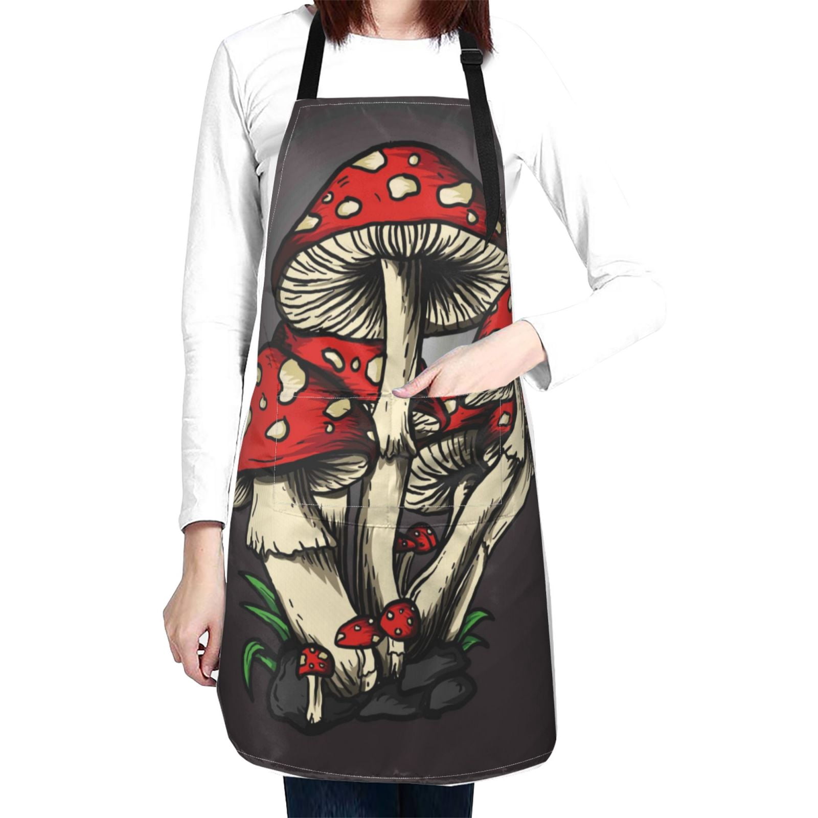 Kdxio Red Mushrooms Apron with Pockets Adjustable Kitchen Aprons for Men Women Waterproof Aprons for Cooking,Drawing,Crafting, Baking Household Cleaning