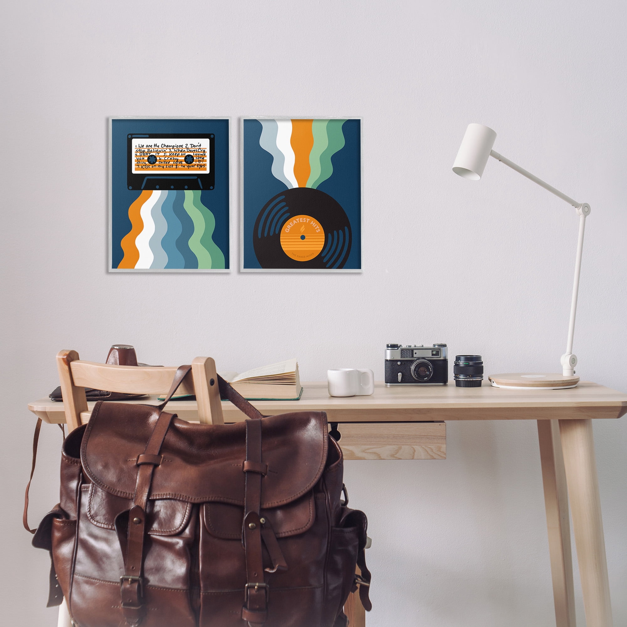 Stupell Industries Retro Music with Stripes Abstract Painting Gray Framed Art Print Wall Art, 11 x 14, Set of 2