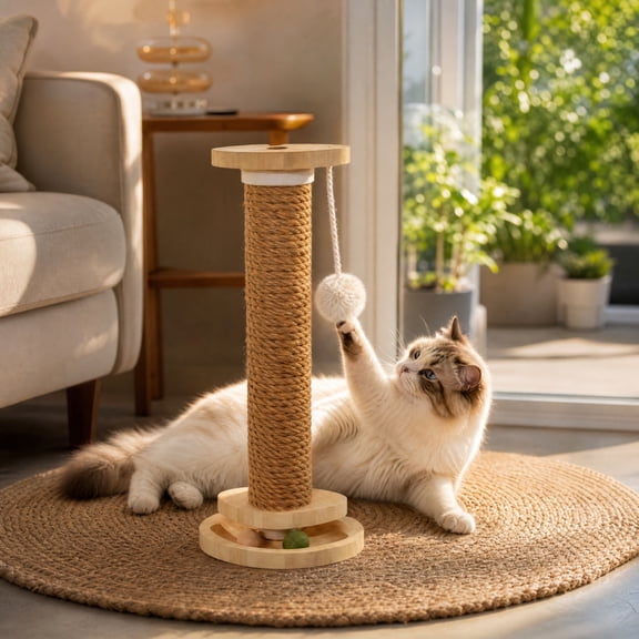Sisal Cat Scratching Post Stand with Hanging Toy Ball Natural Rope for Cage Indoor Claw Care Scratch Stretch Relief Small Pet Furniture