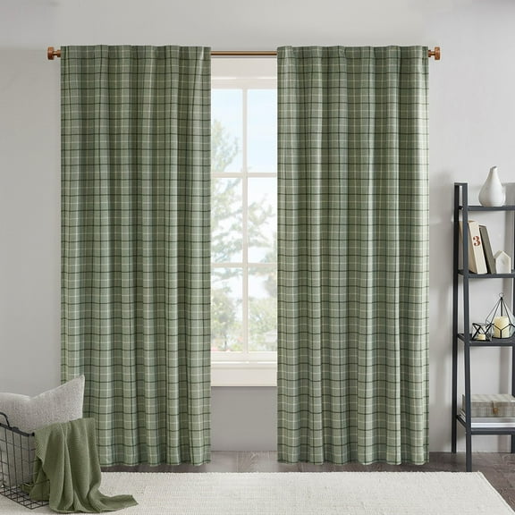 Plaid Rod Pocket and Back Tab Curtain Panel with Fleece Lining Green 50"x95"
