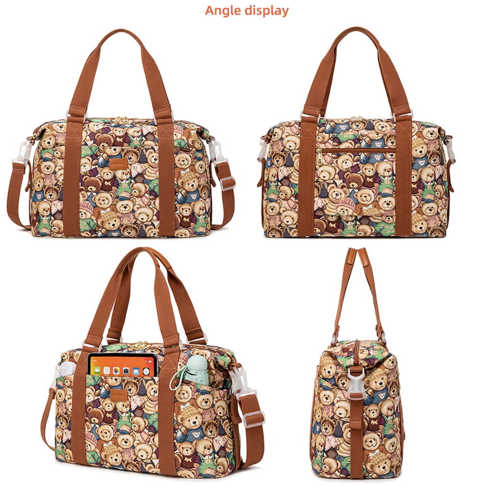 Cute Bear Print Women Duffel Bag for Travel High Capacity Jacquard Canvas Water Resistant Travel Sport Hand Bag Weekender Overnight Bag for Gym Sport