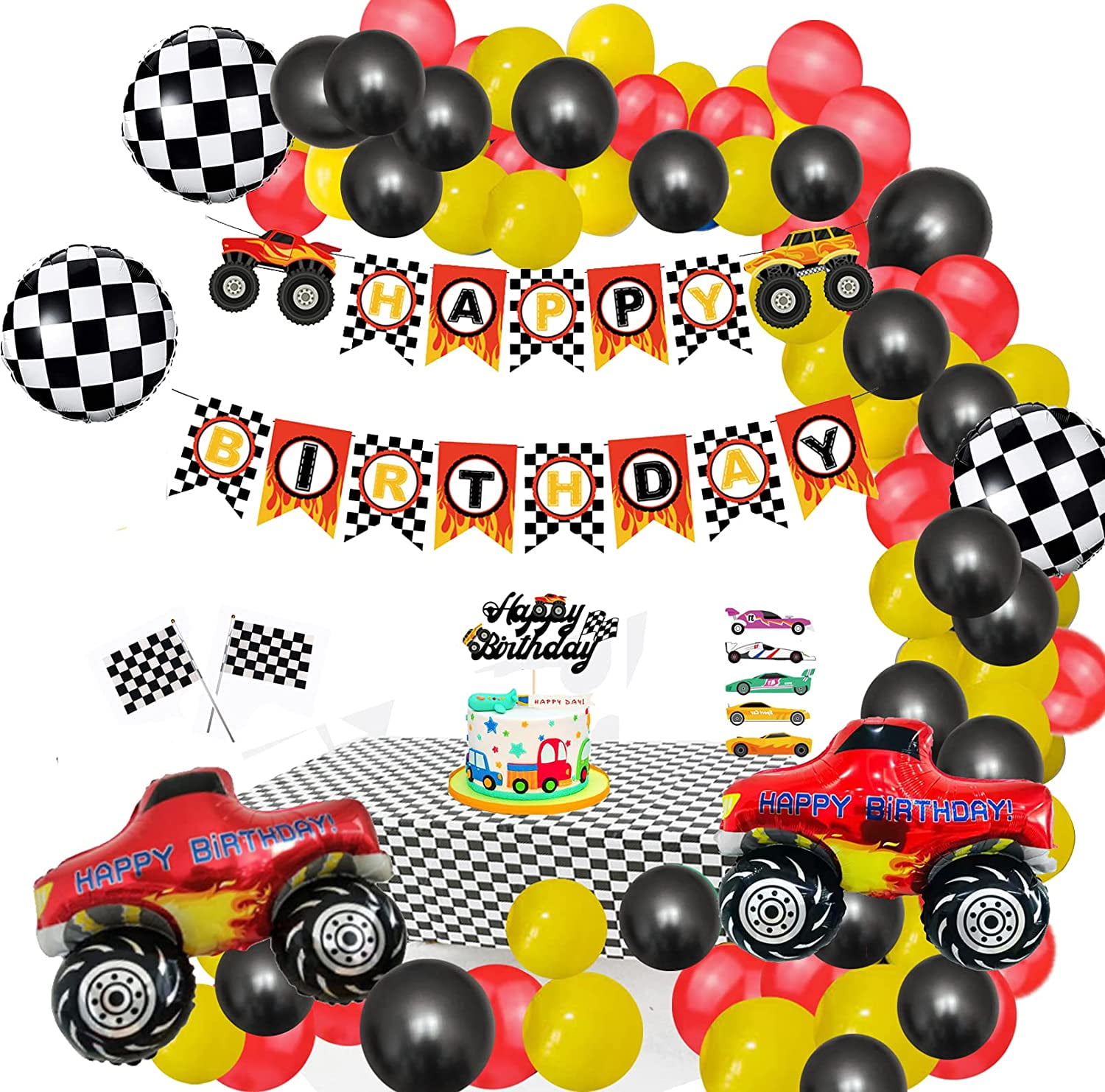 Car Party Decorations , Racing Balloon Garland Arch Kit, Vintage Race Car Balloons, Finish Line Race Car, Racing Car Decorations, Monster Truck Party, Black White Lattice Printed Latex Balloons