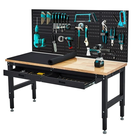 Ataucjin 60 Inch Work Table for Garage, 3000 Lbs Heavy Duty Work Bench with Pegboard and Drawers, Non-Slip Table Mat, Rubber Wood 4 Level Adjustable Workbench with Power Outlets for Workshop, Home, Of