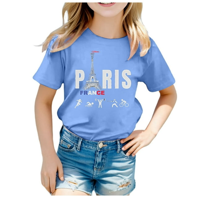 LUOGENLI T-Shirt pour Filles Enfants Thème 2025 Mode Imprimé Manches Courtes Col Rond T-Shirt Hauts Maxi Chemises pour Filles Été 2025 Floral Flowy Boho Hauts Bleu Clair 4-5 Ans