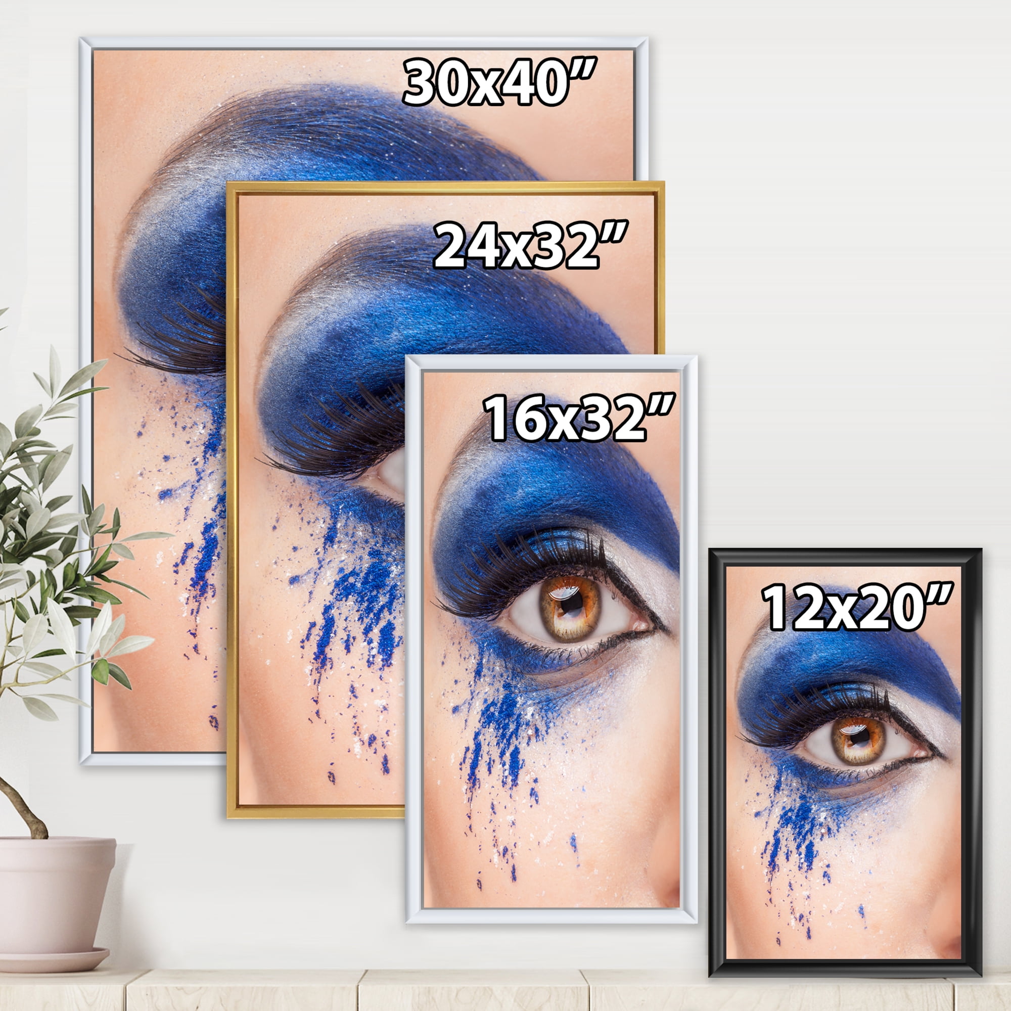 Designart 'Close Up Of Brown Eye With Blue Fantasy Make Up' Modern Framed Canvas Wall Art Print