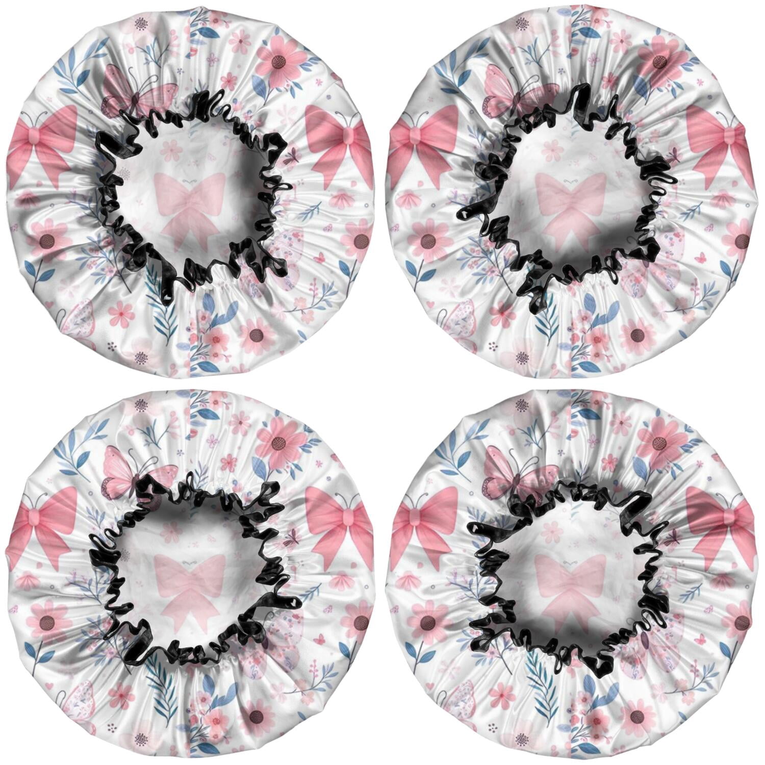 Shower Caps,Pink Butterfly Star Floral Peach Pattern Waterproof Shower Cap for Women 4 Pieces,Double Reusable Hair Cover for Shower PEVA Elastic Stretch Hem