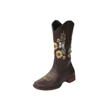 

Difumos Women s Mid Calf Square Toe Boots Cowgirl Western Cowboy Boots with Embroidered Flowers Coffee 7.5