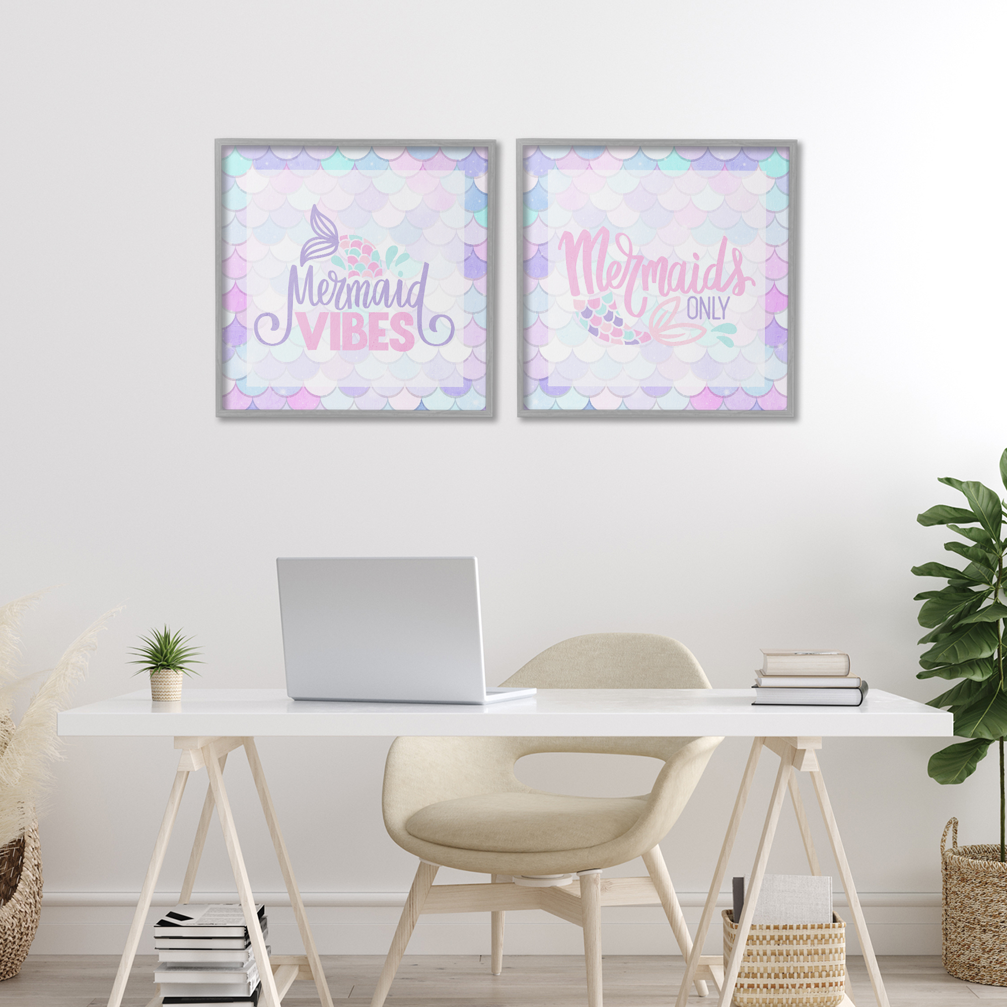 Dreamy Mermaid Phrases with Scales 2 Piece Gray Framed Giclee Art Set, design by Kim Allen