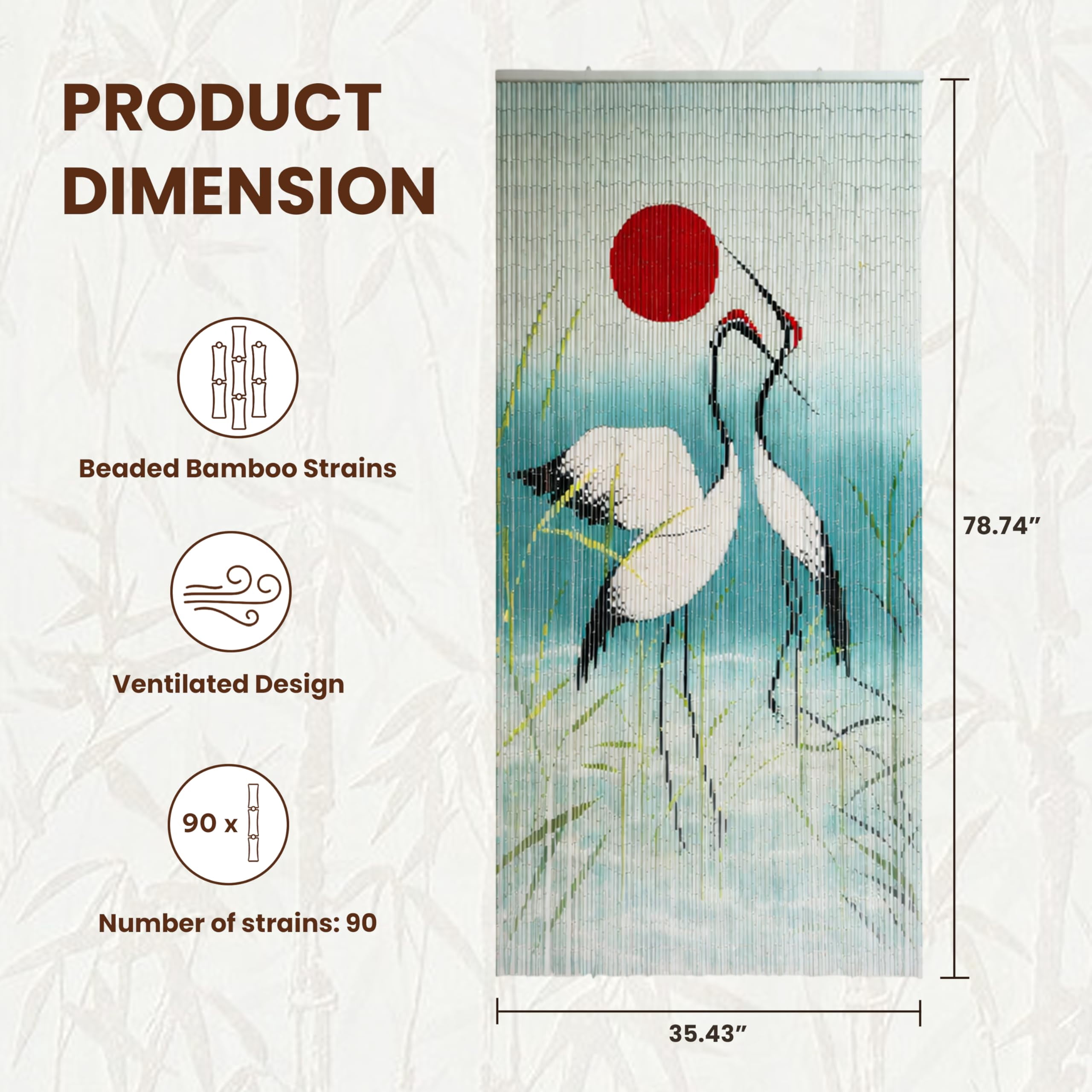 Cranes With Red Sun Curtain Beaded Room Divider and Hanging Blinds