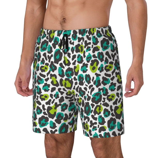 Balery Green Leopard Bañador para hombre, shorts de playa de secado rápido con entrepierna y forro de compresión-Large
