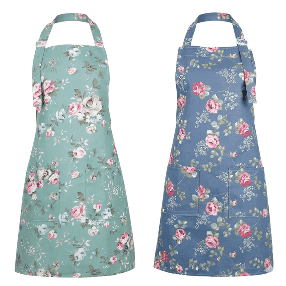 HUIJUMEI 2-Pack Floral Aprons for Women, Adjustable Kitchen Chef Apron with Rose Pattern for Cooking, Baking, BBQ, Blue
