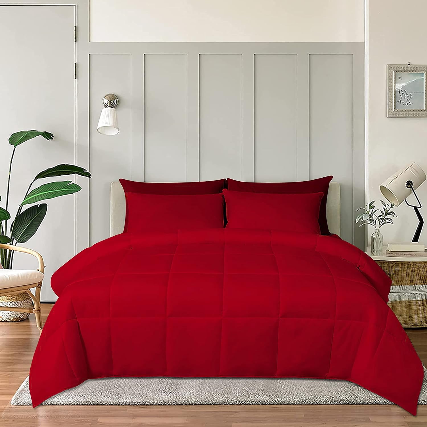 D.N.G. BEDDINGS Deluxe All Seasons Full/Queen Size 800 Thread Count, Solid Blood Red Down Alternative 3 Piece Box Design Comforter Set 100% Egyptian Cotton