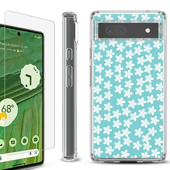 Shockproof Bumper Phone Case for Google Pixel 6a, with Tempered Glass Screen Protector, by OneToughShield ® - Flower/Teal