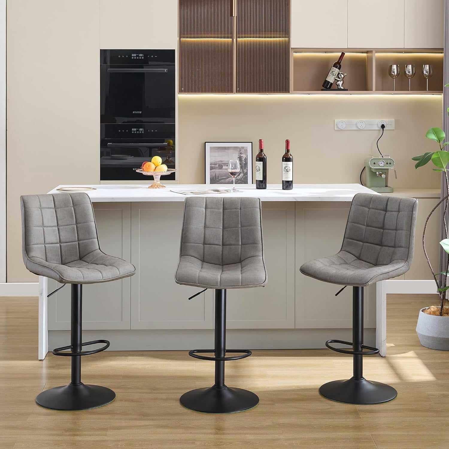 FIRAVOE Bar Stools with Back Set of 3, Adjustable Counter Height Bar Stools, Swivel Barstools Faux Leather Bar Chairs for Kitchen Island, Gray