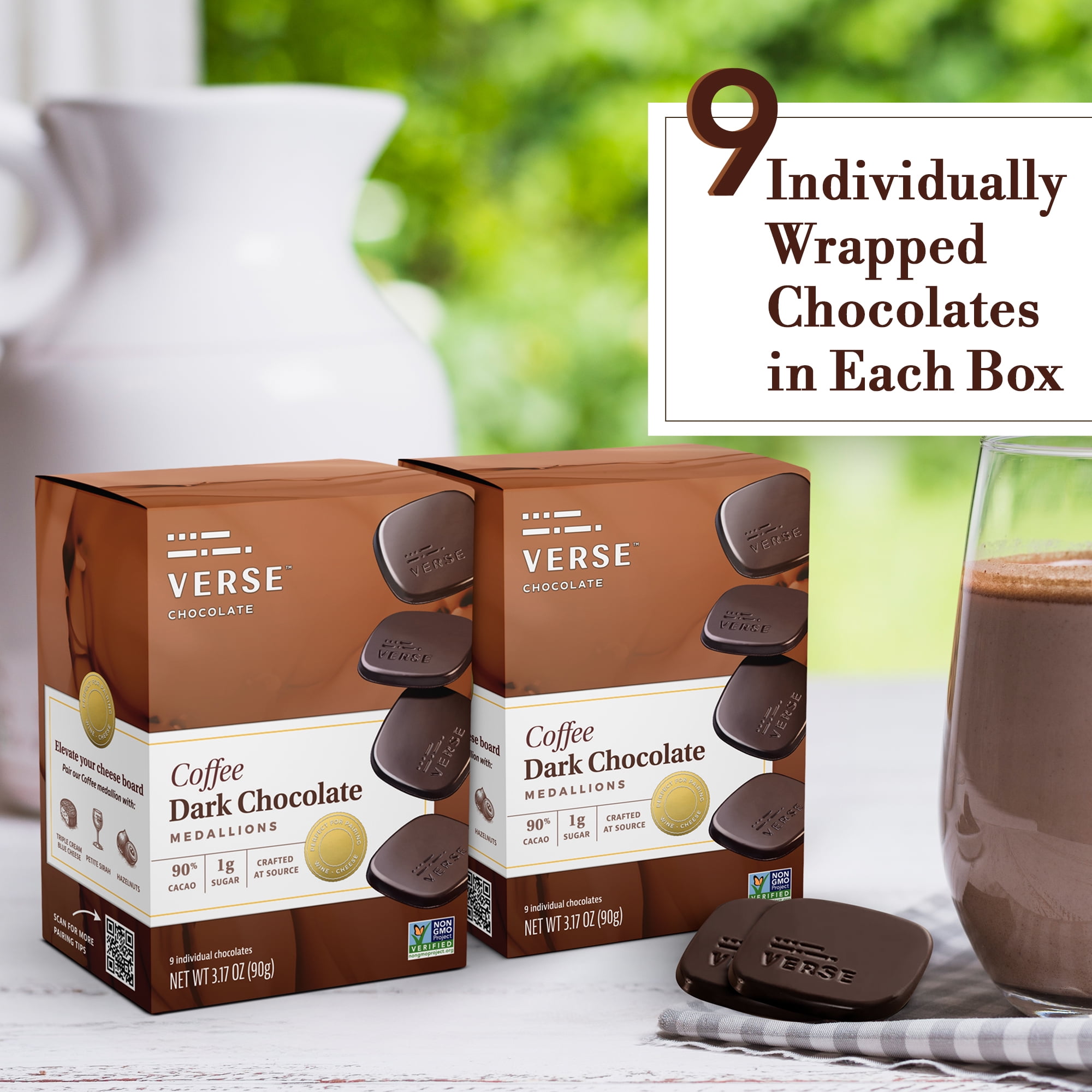 Verse Luxury Dark Chocolate Coffee Squares - Gluten Free, Keto Low Sugar Snack - 90% Dark Cocoa - Only 1g Cane Sugar - Individually Wrapped Vegan Cacao Chocolate Squares (9 Count, 4 Pack)