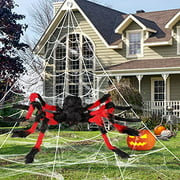Halloween Spider Web Decorations 16ft Huge Triangular Spider Web with 50 Gaint Hairy Spider and Super Stretch Cobweb for Halloween Outdoor Yard Scary Decor