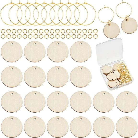 1 Box Wooden Wine Glass Charms Markers Tags Identification Flat Round Charms Glass Identifiers for Drinks Stem Glasses 20Pcs Wood Pendants 20Pcs Hoops 30Pcs Jump Rings Family Gathering White