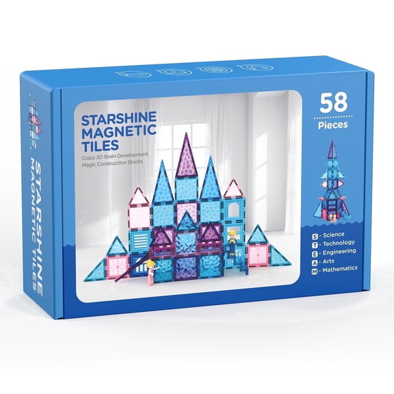 FunMagic Magnetic Tiles, Shining Sparkle Magnetic Toys for Girls 3D Diamond Magnetic Building Blocks with 2 Dolls, STEM Sensory Educational Toys for Toddlers Kids