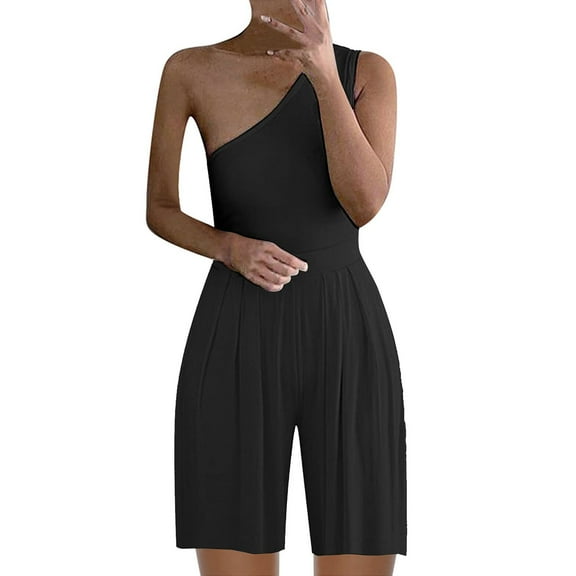 Aayomet Women Jumpsuits Summer One Shoulder Jumpsuit Shorts For Women Strapless Striped Sleeveless Solid Romper Trendy,Black S