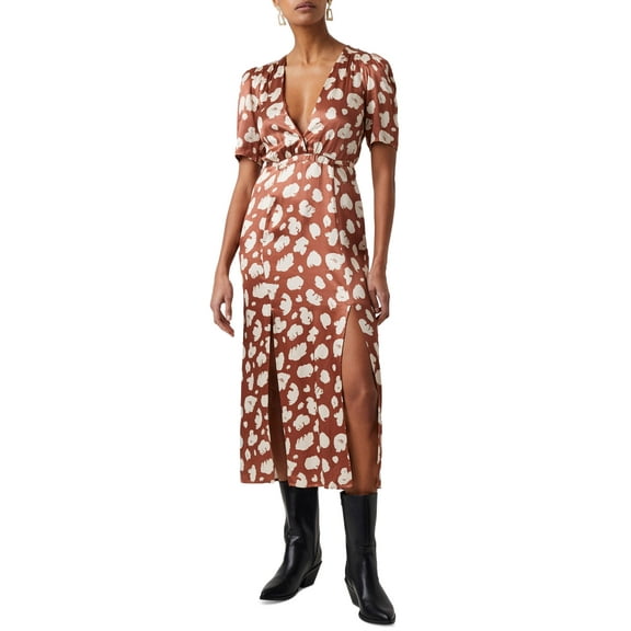 French Connection Aimee Abstract Print Midi Dress Brown Patina Cream 10